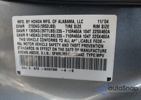 2005 Honda Odyssey Touring z USA, uszkodzony, nr VIN 5FNRL38845B033442
